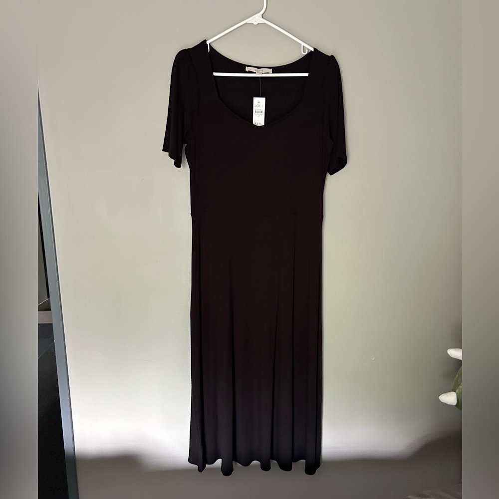 LOFT Maxi Black Dress, Ribbed, Scoop Neck, Cap Sleeves, Medium, New with tags